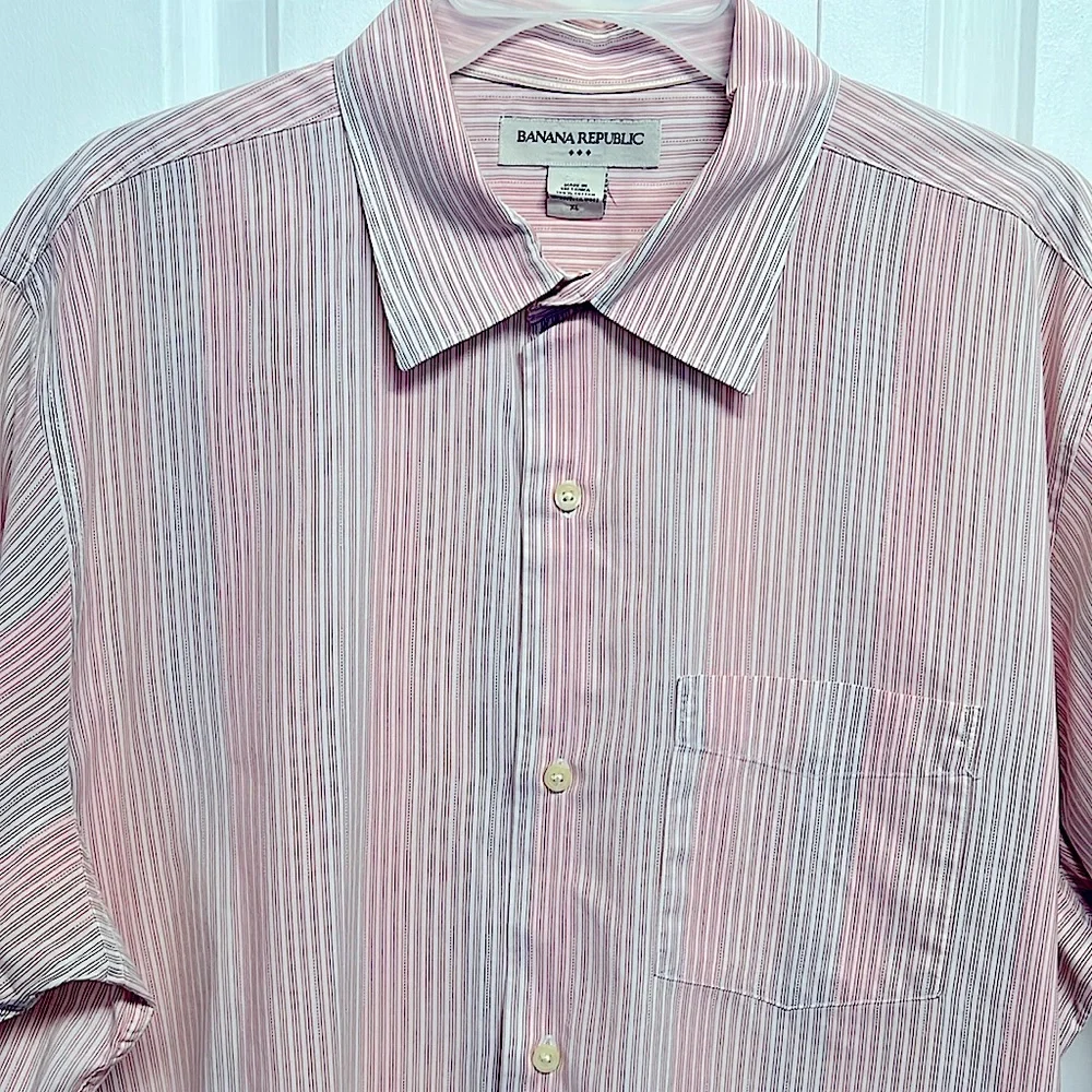Banana Republic White Pink Purple Pinstriped Pocket Short Sleeve Shirt Size XL
